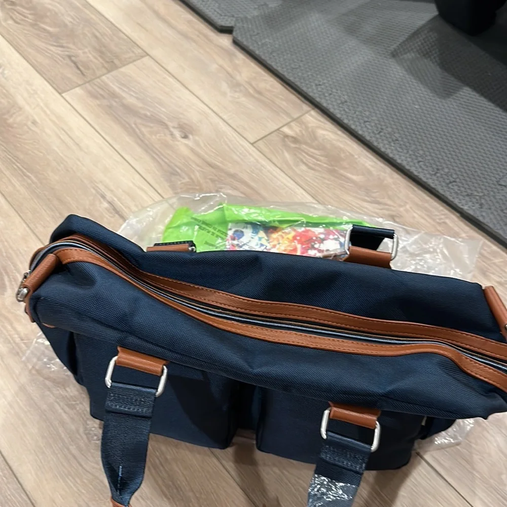 NWT Robert Graham navy blue duffel travel bag with brown leather trim